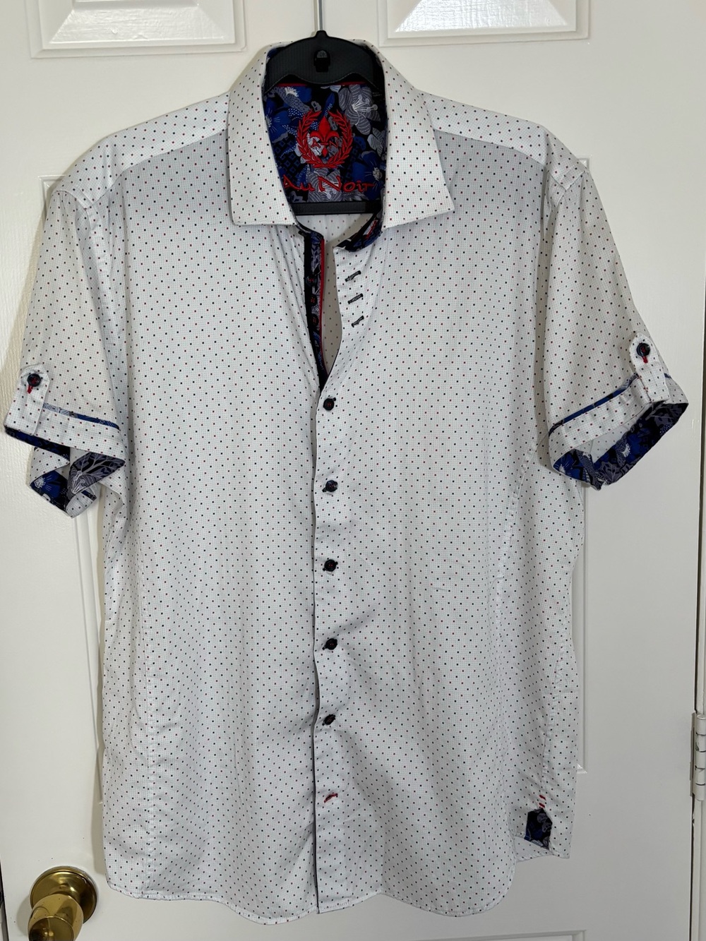 Men's XL Au Noir Short Sleeve Shirt with Navy & Red Microdots and detailed trim.